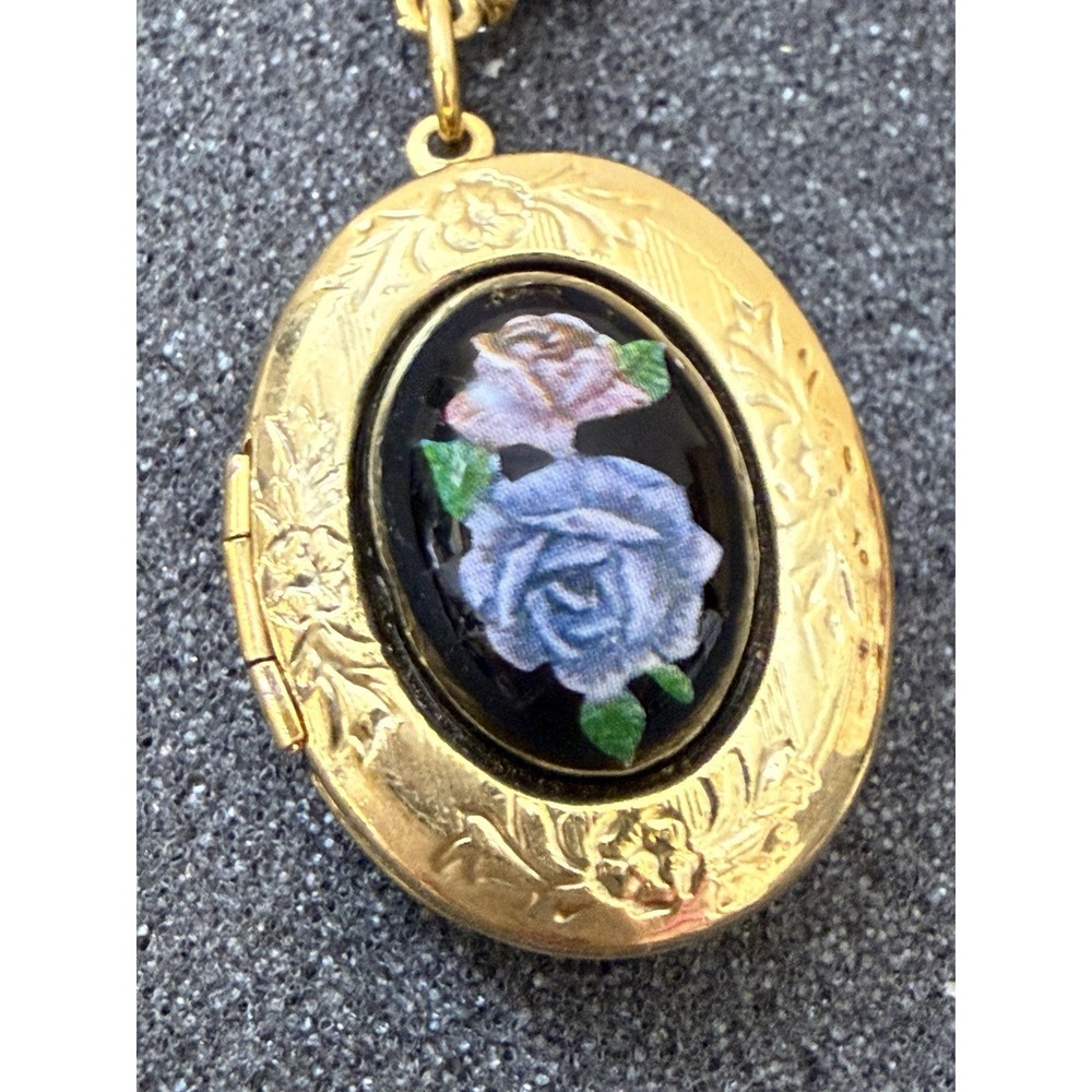 Vintage 1928 Gold Locket Blue Rose Cameo Flower Pendant Necklace 18" - Picture 12 of 16